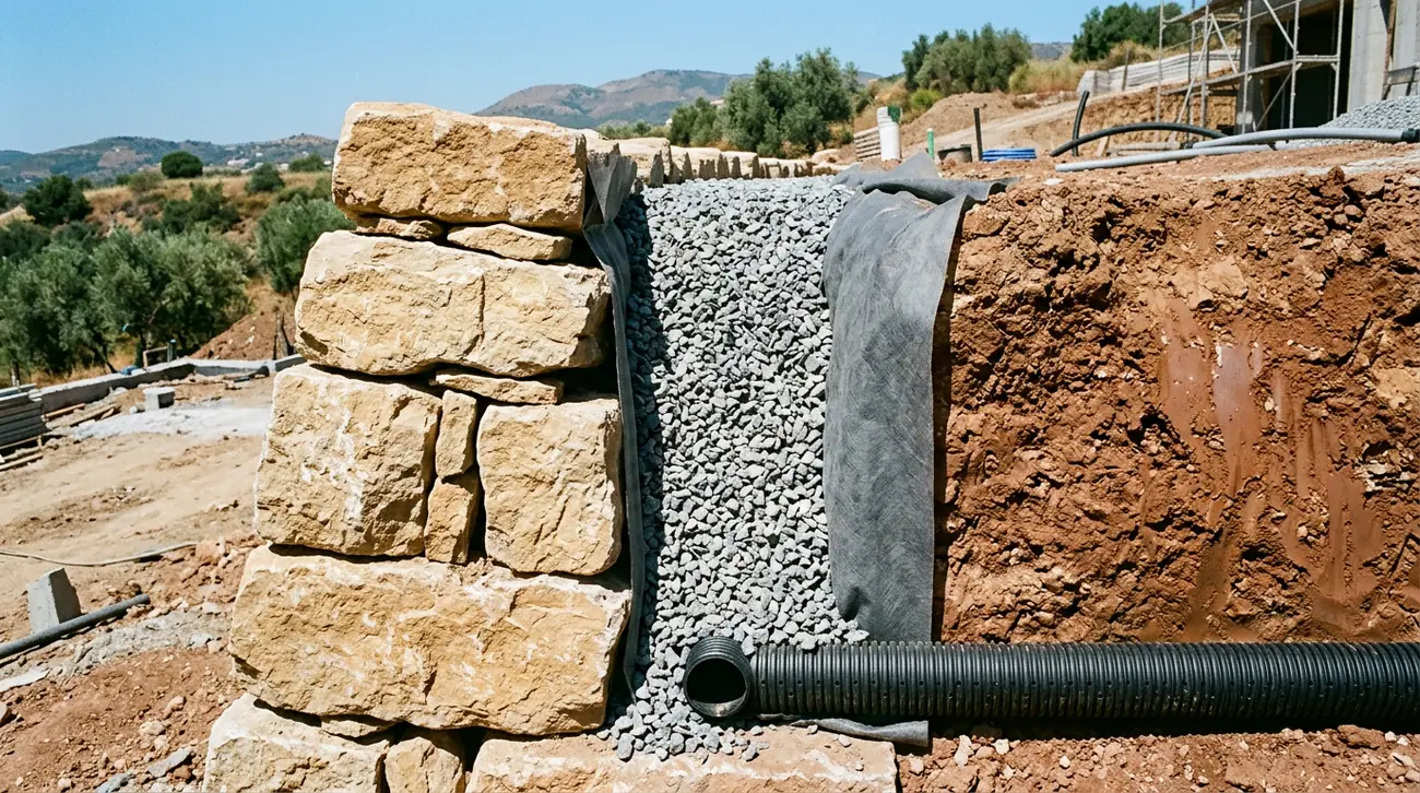 Ilustración del trasdós de un muro de contención, con la grava, el geotextil y el tubo de drenaje